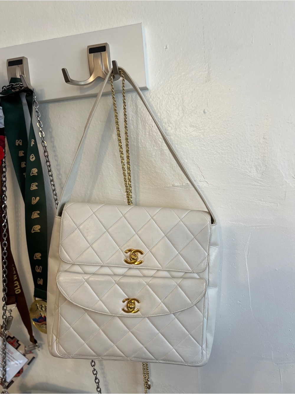 CHANEL Cream Quilted Double-Flap Shoulder Bag with Gold Hardware